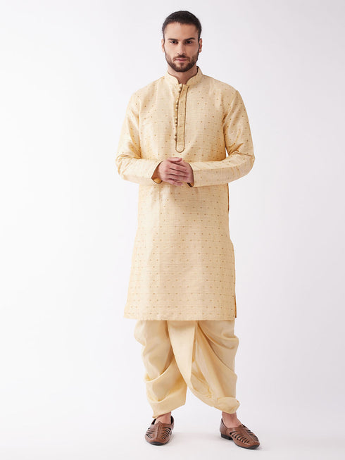 Vastramay Men's Gold Zari Weaved Kurta Dhoti Set